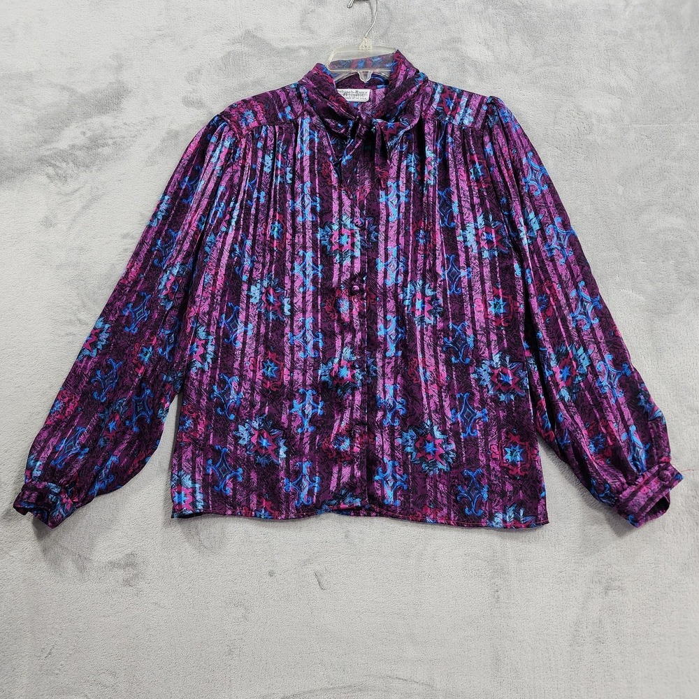 Vintage Deborah Barry Top Womens L Purple Blue Floral Satin Tie Neck Bow Blouse